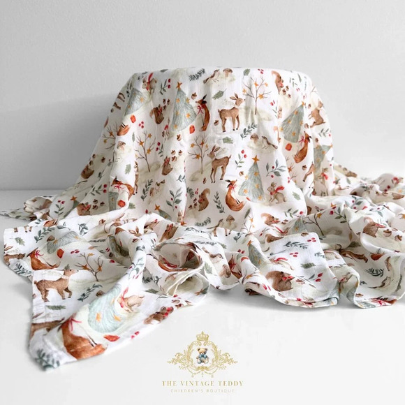 NWT Cute Baby Swaddling Blanket & Child Book Gift Set Christmas Woodland Animals - Picture 2 of 5